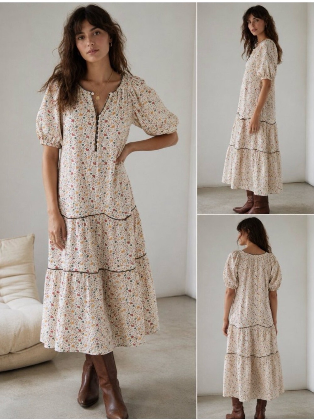 THE GREAT. Cream Floral Tiered Maxi Dress with Puff Sleeves and Contrast Trim